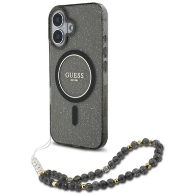 Etui GUESS IML Glitter With Pearl Strap MagSafe do Apple iPhone 16 Czarny | Bezpłatny transport