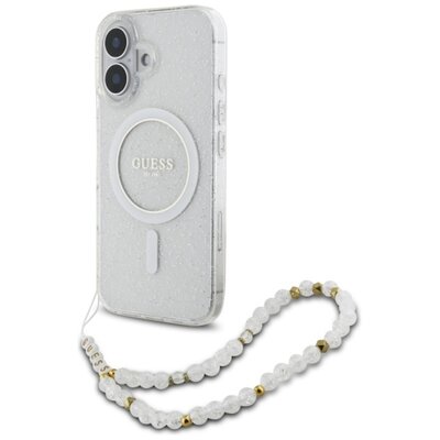Etui GUESS IML Glitter With Pearl Strap MagSafe do Apple iPhone 16 Przeźroczysty | Bezpłatny transport