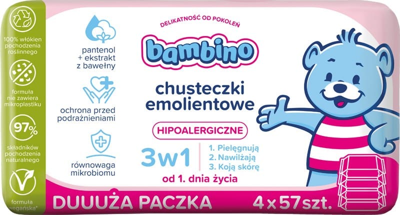 NIVEA Bambino Chusteczki emolientowe 3w1 hipoalergiczne 4 x 57 szt