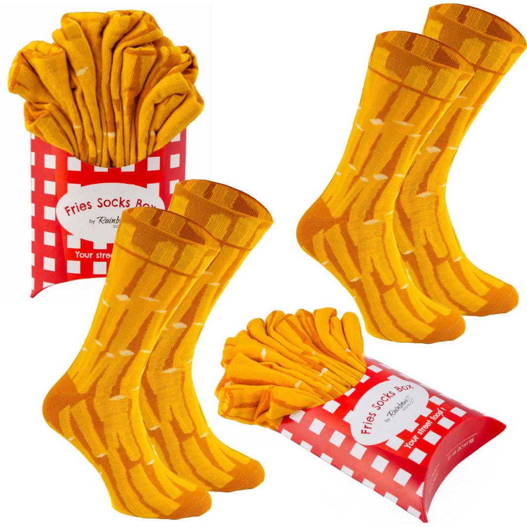 Skarpetki Rainbow Socks French Fries-2 pak Na Prezent Wygodne Długie Wysokie Bawełniane Dla Miłośników Frytek Fast Food Męskie Damskie 41-46