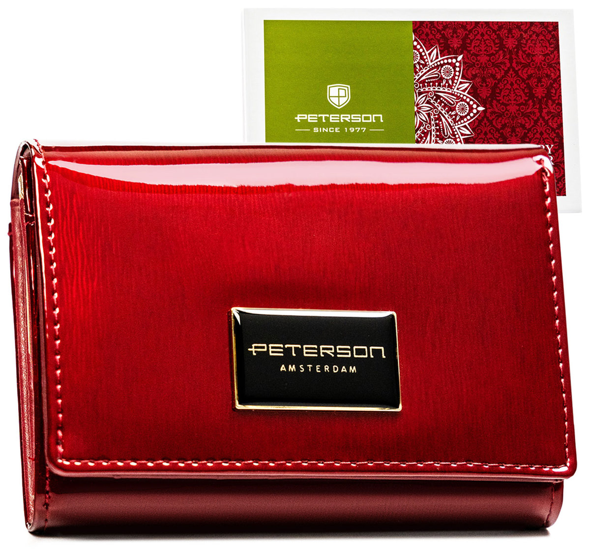Mały skórzany portfel damski czerwony lakierowany antykradzieżowy RFID PETERSON