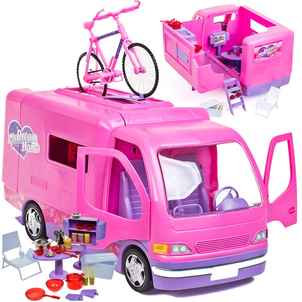 Auto dla lalek, otwierany kamper, domek dla lalek, camper zestaw z rowerem + akcesoria