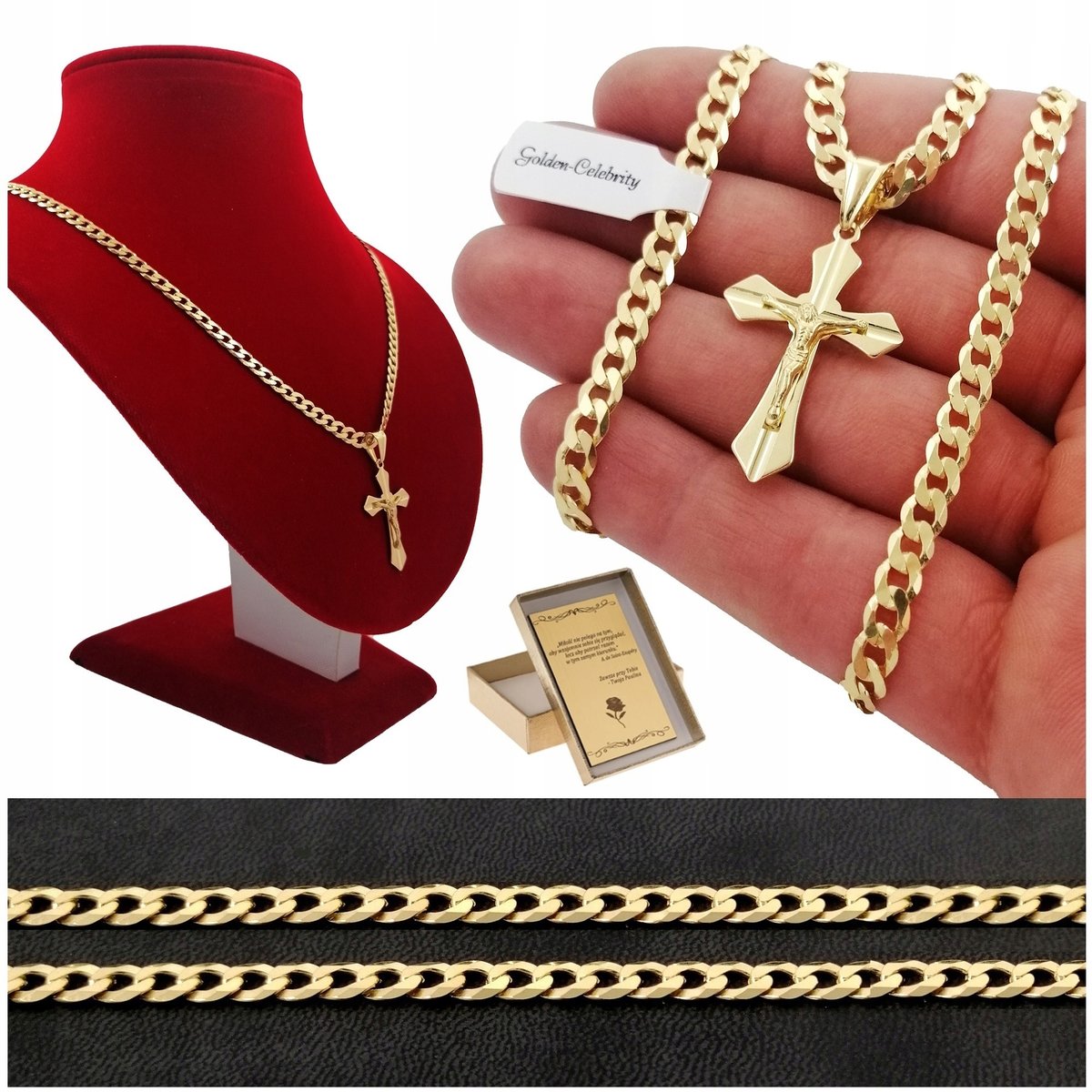 Łańcuszek Złoty Pancerka Długi + Krzyżyk Jezus 925 + Grawer Dla Faceta 65Cm
