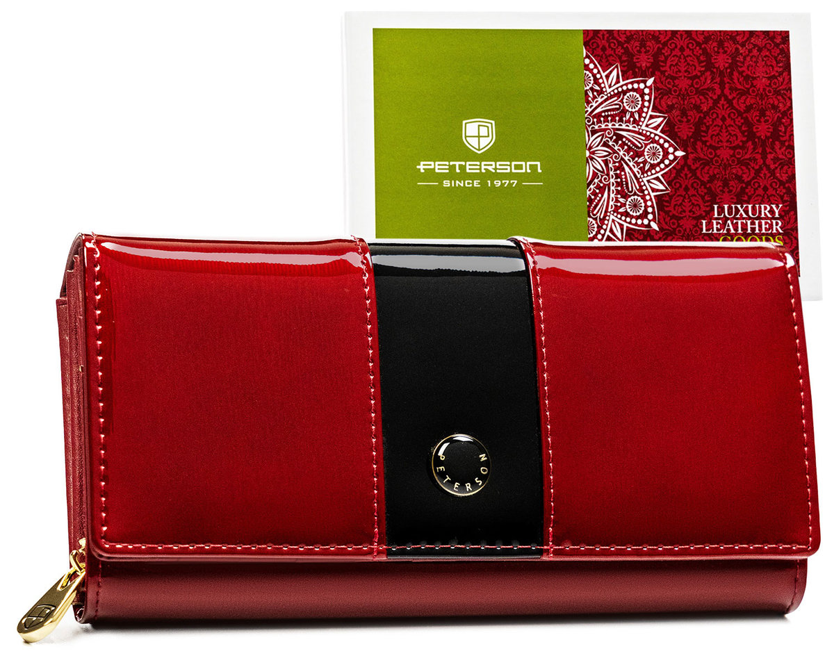 Duży portfel damski skóra naturalna lakierowana czerwony na prezent RFID PETERSON