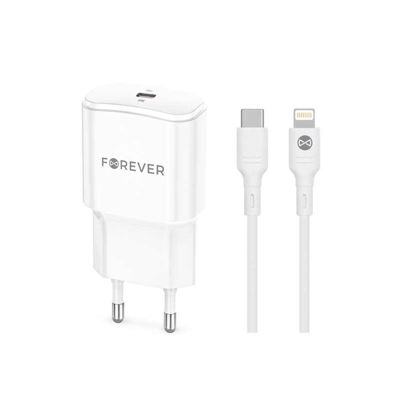 Forever Ładowarka sieciowa PD QC TC-01-20C 1x USB-C 20W biała + kabel USB-C - Lightning 20W