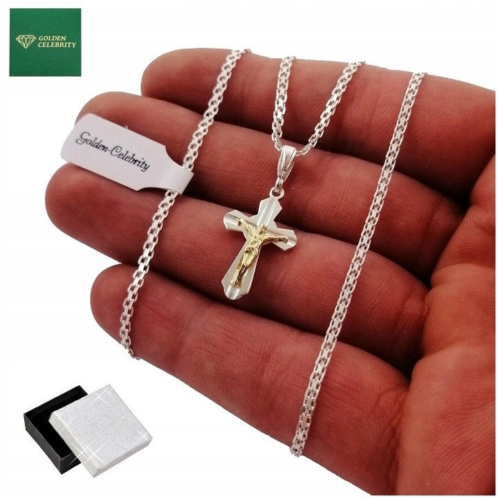 Srebrny Męski Łańcuszek Bismark + Krzyżyk Jezus Srebro Próby 925 Dla Niego