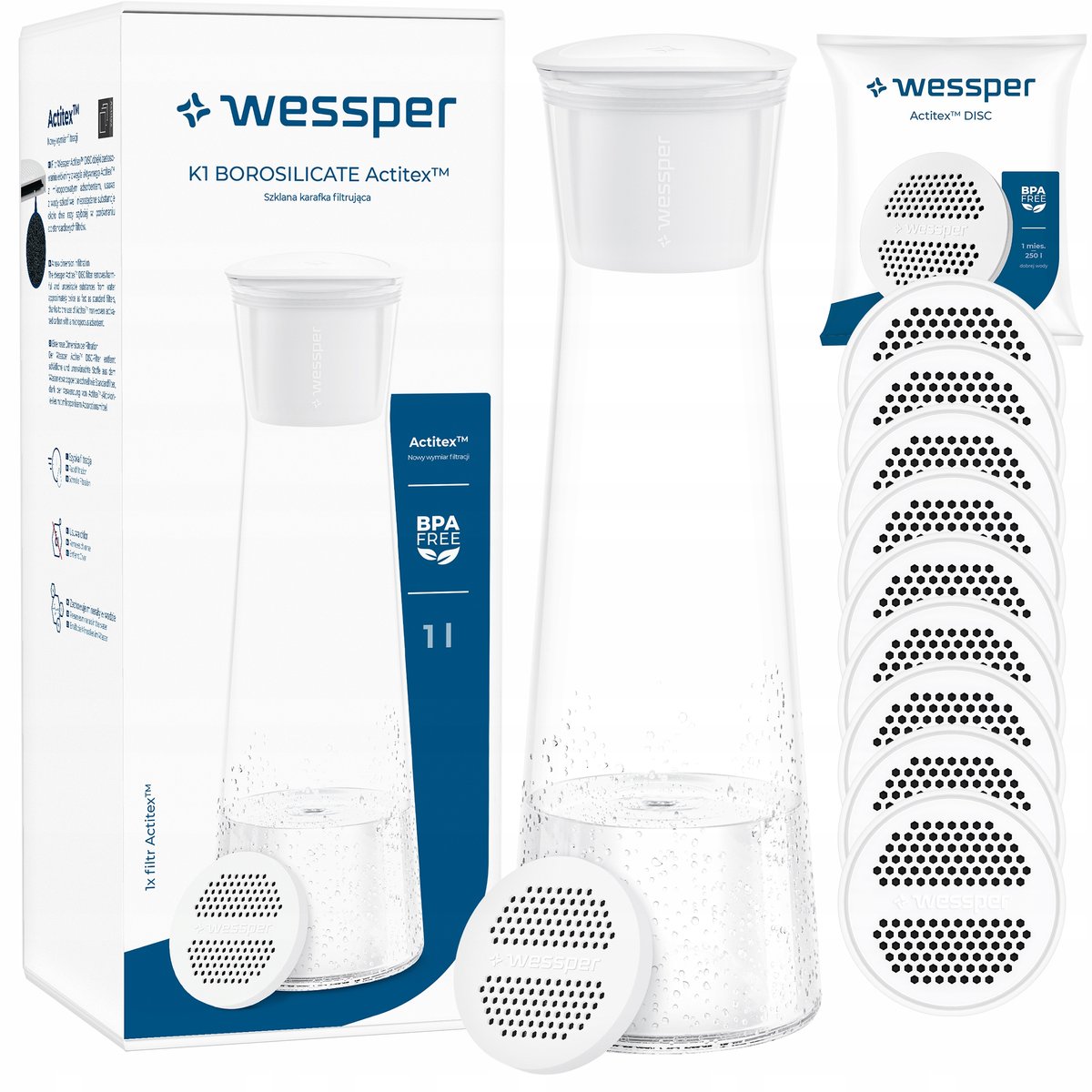 Szklana Karafka na Wodę i Napoje WESSPER 1L z 10 Filtrami do Wody Kranowej