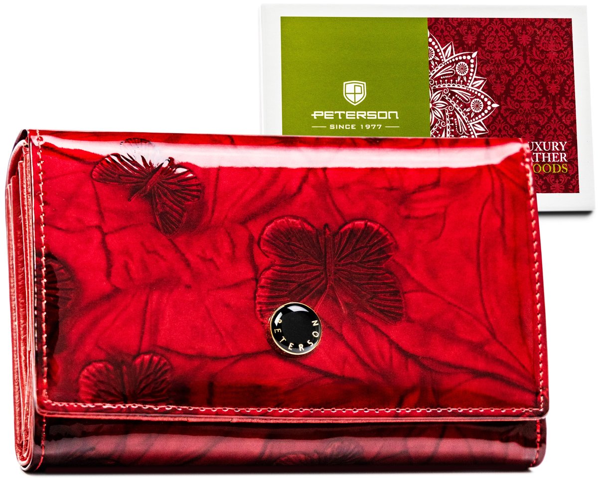 Skórzany portfel damski czerwony lakierowany ochrona kart RFID PETERSON