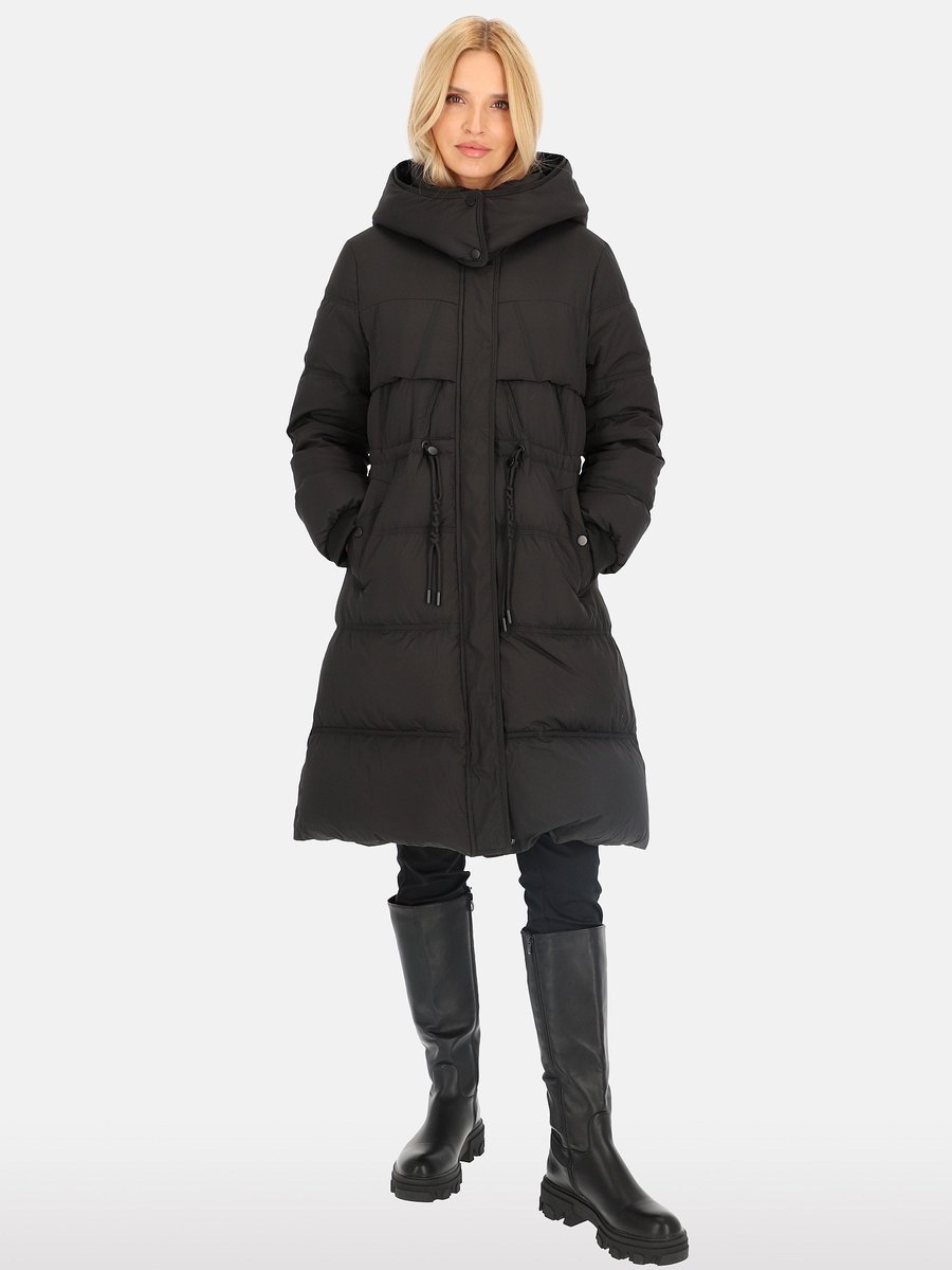 Długa puchowa kurtka damska zdobiona troczkami Czarny XXL