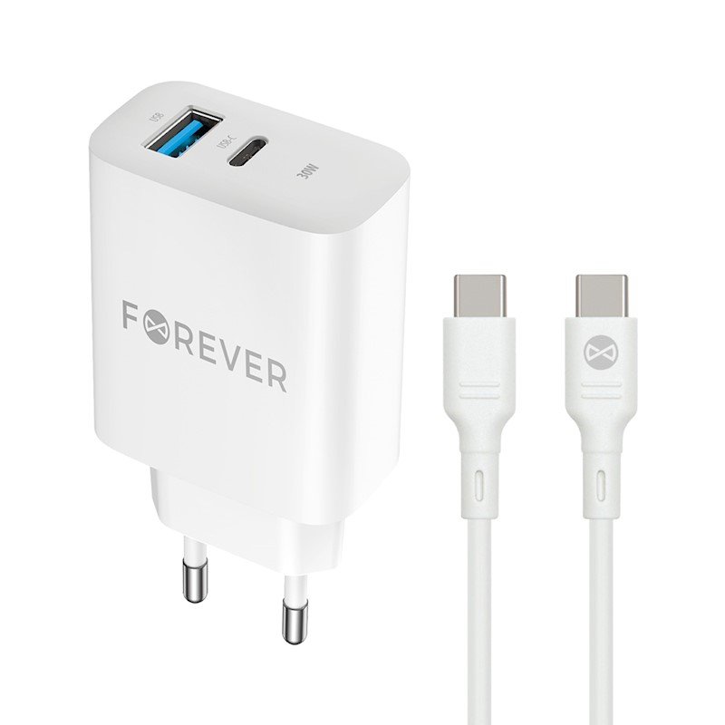 Forever Ładowarka sieciowa PD QC TC-07-30AC 1x USB-C 1x USB 30W biała + kabel USB-C - USB-C 60W