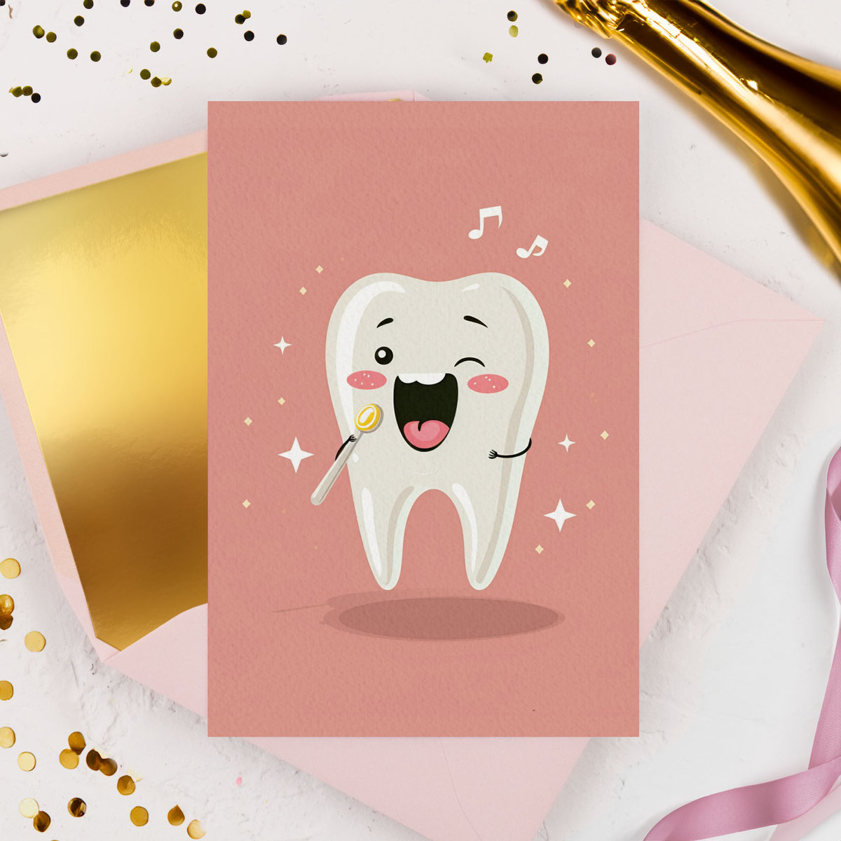 Kartka z życzeniami dla stomatologa - Pink Tooth + koperta ozdobna