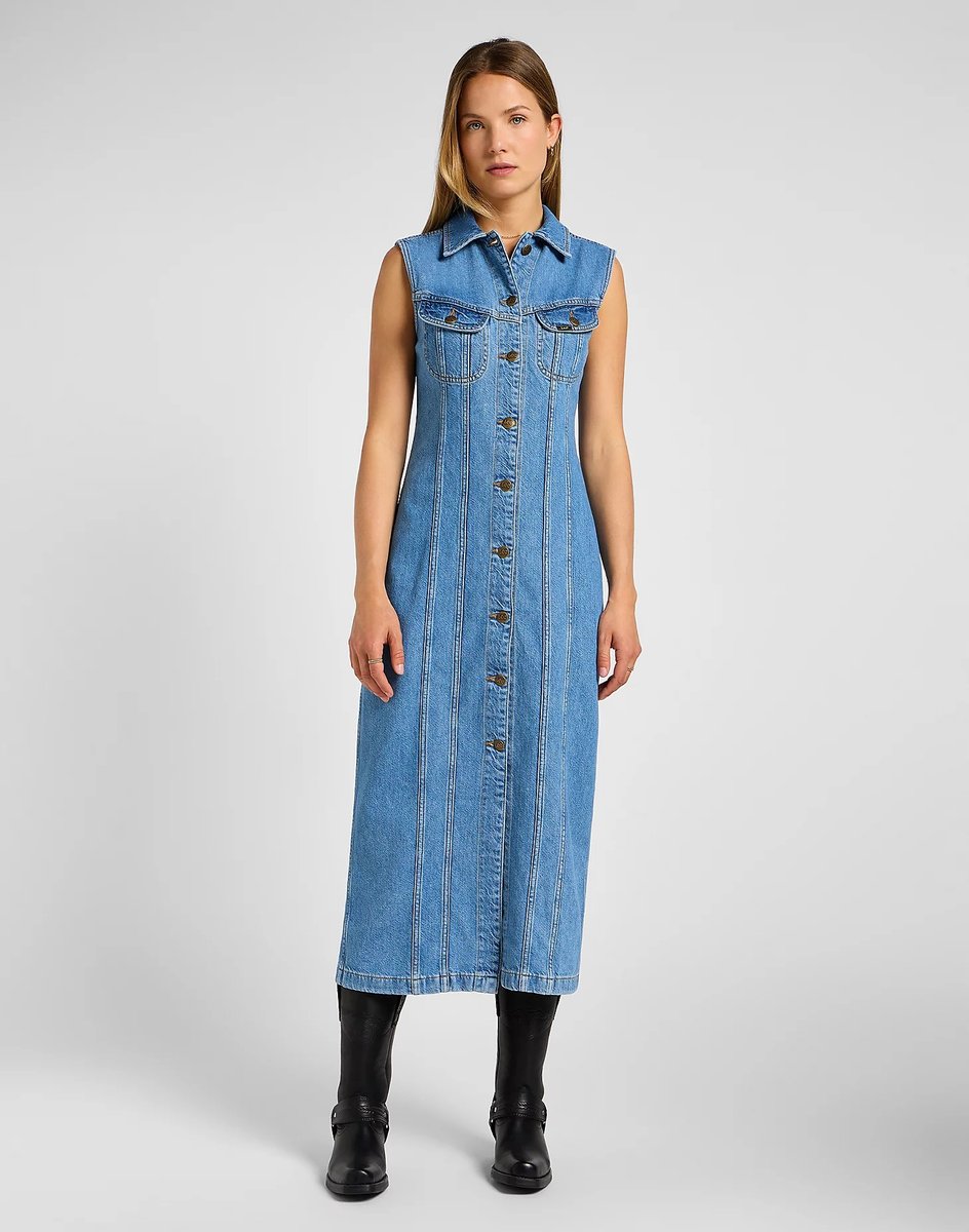 SUKIENKA JEANSOWA DŁUGA LEE 112355119 LONG SLIM DRESS FEELING FINE M