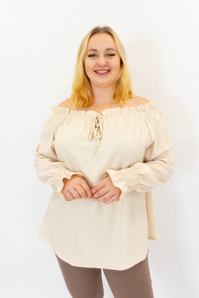 Beżowa Bluzka Hiszpanka z Połyskiem Długi Rękaw UNI