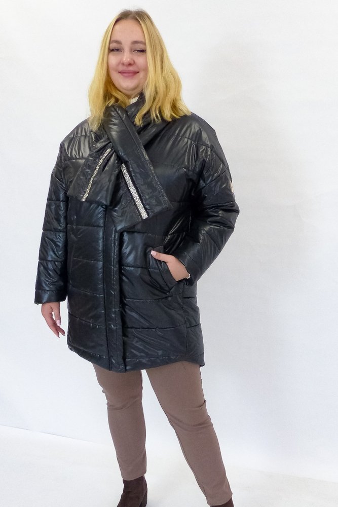 Długa Kurtka Zimowa Damska z Kapturem i Szalikiem Czarna 38