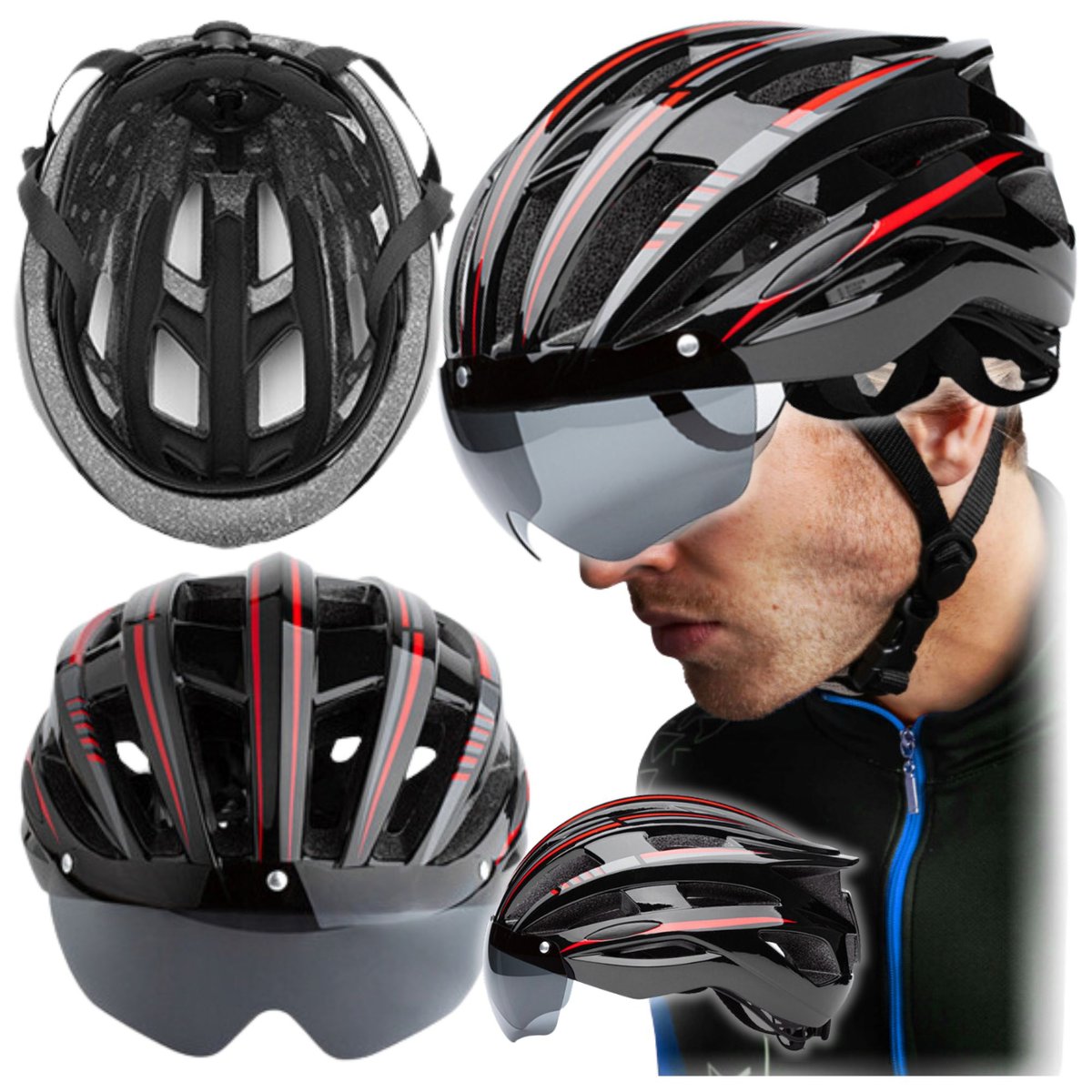 Kask rowerowy Czarno-czerwony- KASK ROWEROWY Z OKULARAMI LEKKI REGULOWANY