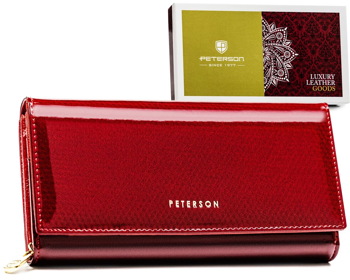Duży czerwony klasyczny portfel damski z lakierowanej skóry naturalnej pojemny elegancki prezent ochrona kart RFID PETERSON
