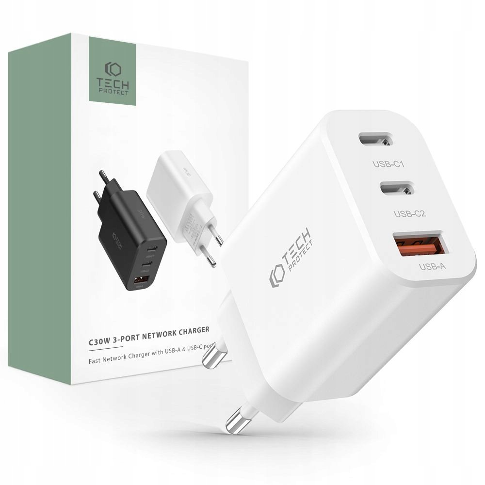 SZYBKA ŁADOWARKA SIECIOWA DO TELEFONU - 3 PORTY: 2xUSB-C PD 30W + USB QC