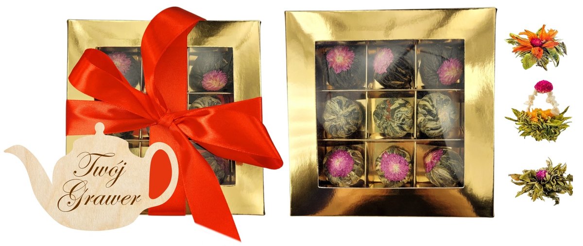 Kwitnąca BOMBONIERKA zestaw herbat kwitnących 9 sztuk PREZENT na Urodziny Święta + GRAWER