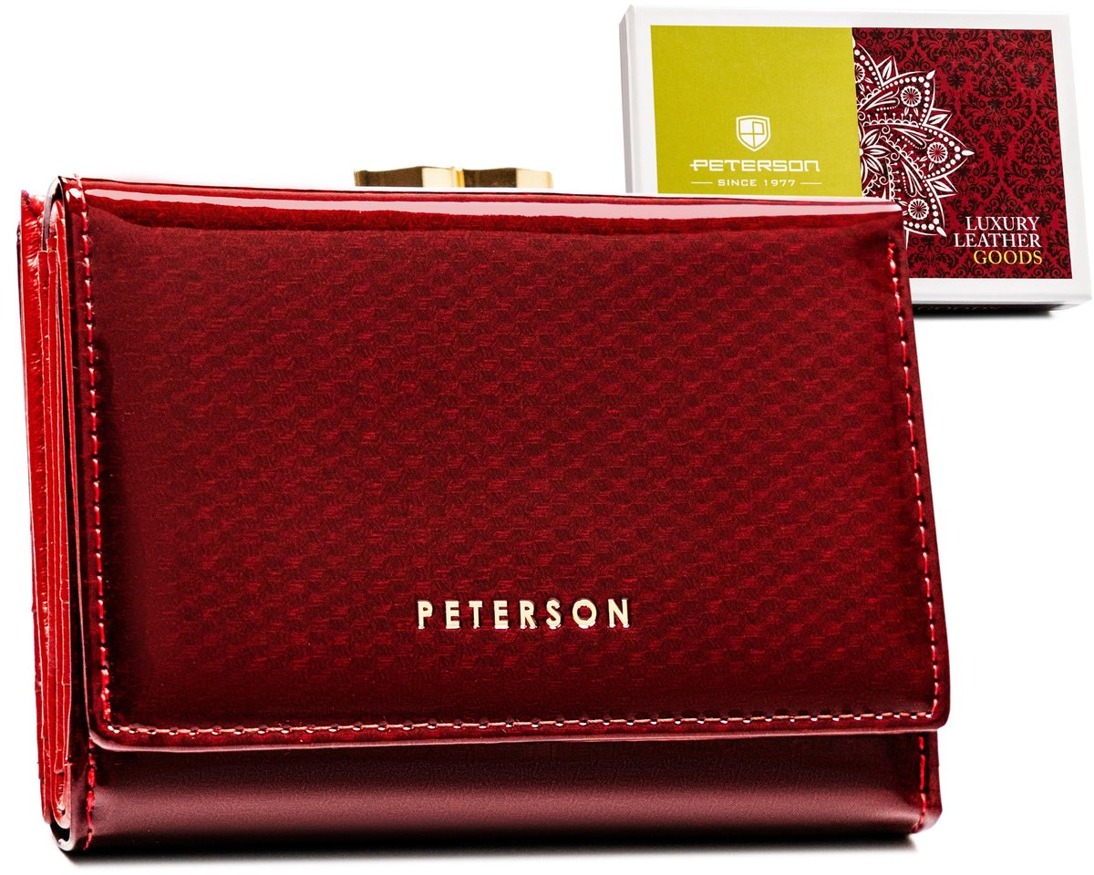 Elegancki skórzany portfel damski mały lakierowany czerwony portmonetka na bigiel ochrona kart RFID PETERSON