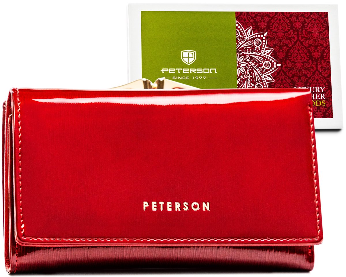 PETERSON Skórzany portfel damski elegancki lakierowany czerwony portmonetka na bigiel ochrona kart RFID