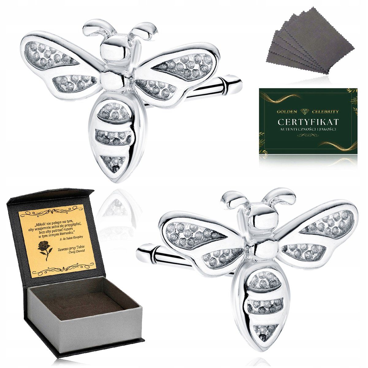 Srebrne Kolczyki Damskie 925 Serca Pszczoła Z Cyrkoniami Prezent + Grawer