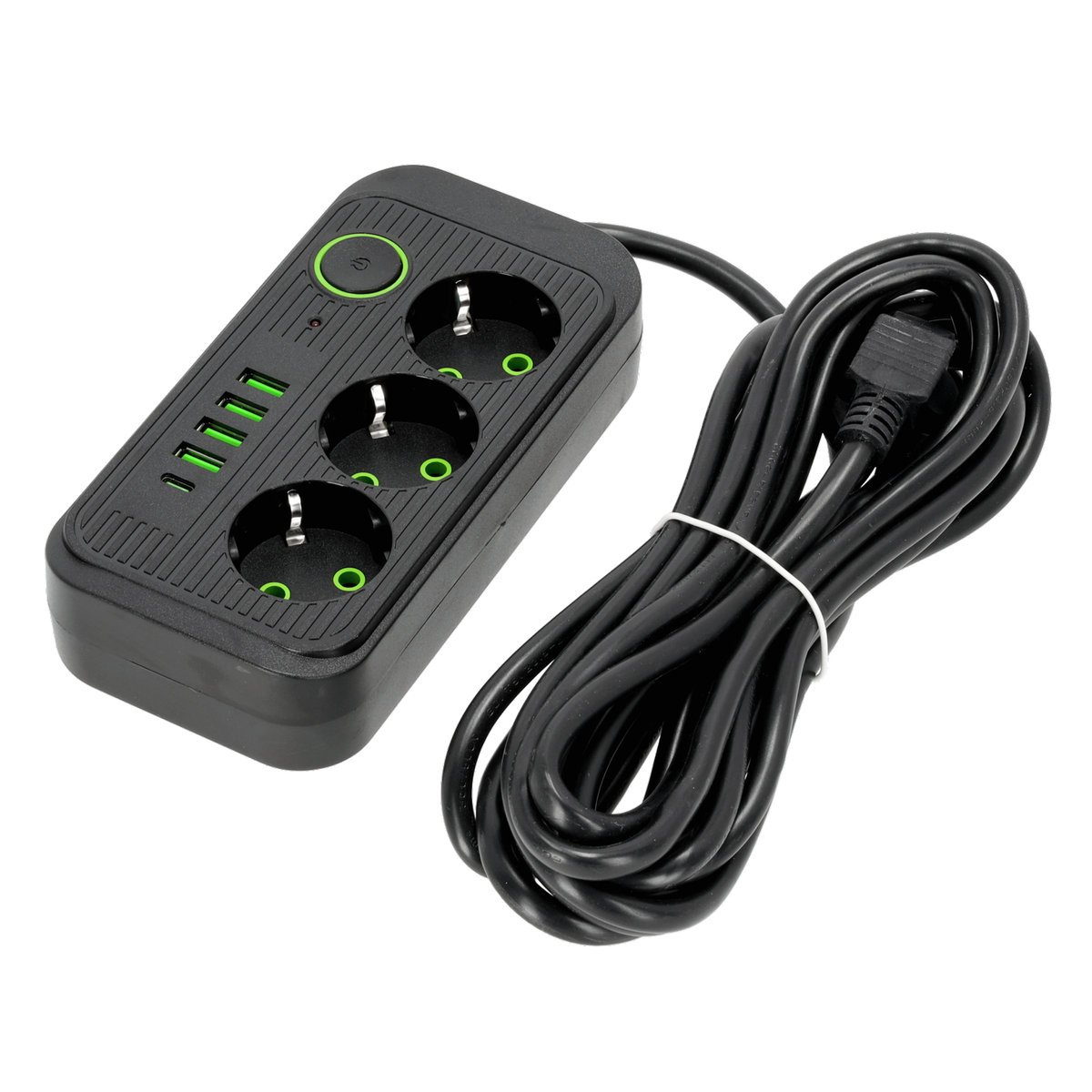 Przedłużacz Listwa Zasilająca 1,5m 3gn + 4x USB-A + USB-C Wyłącznik Czarny