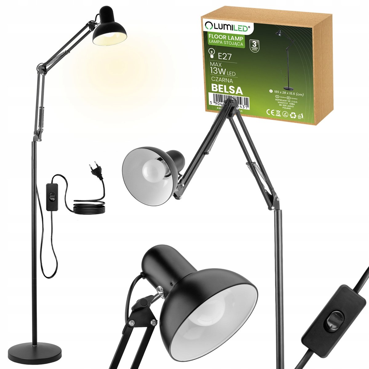 Lampa LED Stojąca Podłogowa Biurkowa E27 185cm Regulowana do Czytania