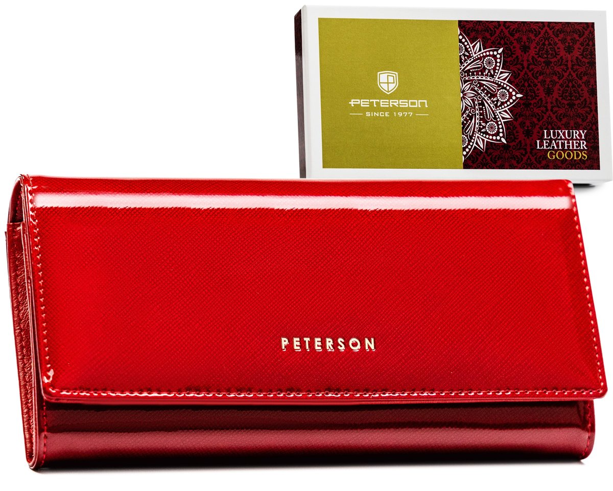 PETERSON Duży elegancki portfel damski z lakierowanej skóry naturalnej czerwony na prezent ochrona kart RFID