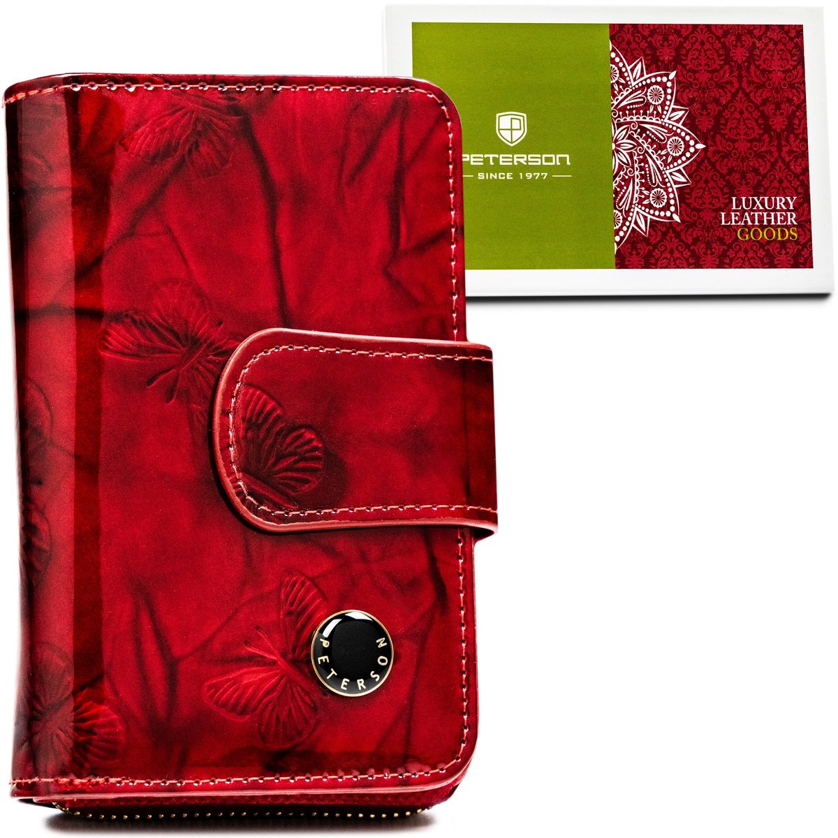 PETERSON Lakierowany portfel damski skórzany mały czerwony ochrona kart RFID