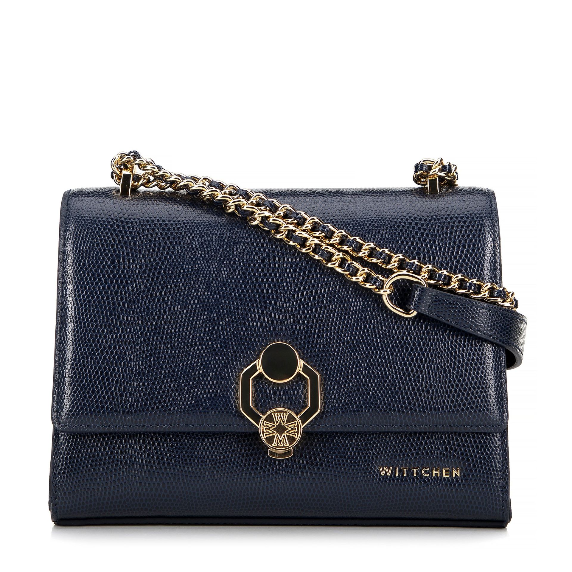 Damska crossbody ze skóry lizard z ozdobną klamrą granatowa