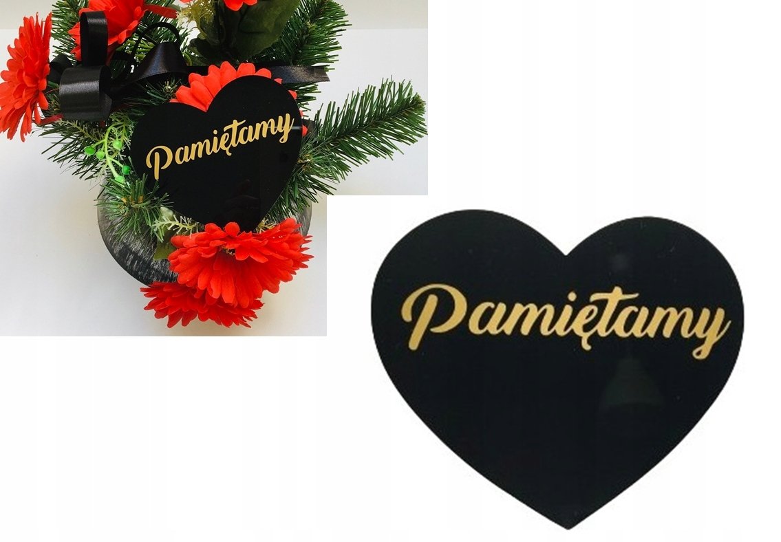 CZARNE SERCE DO PIKU dekor STROIKA WIĄZANKI pamiętamy napis plexi 12x11cm