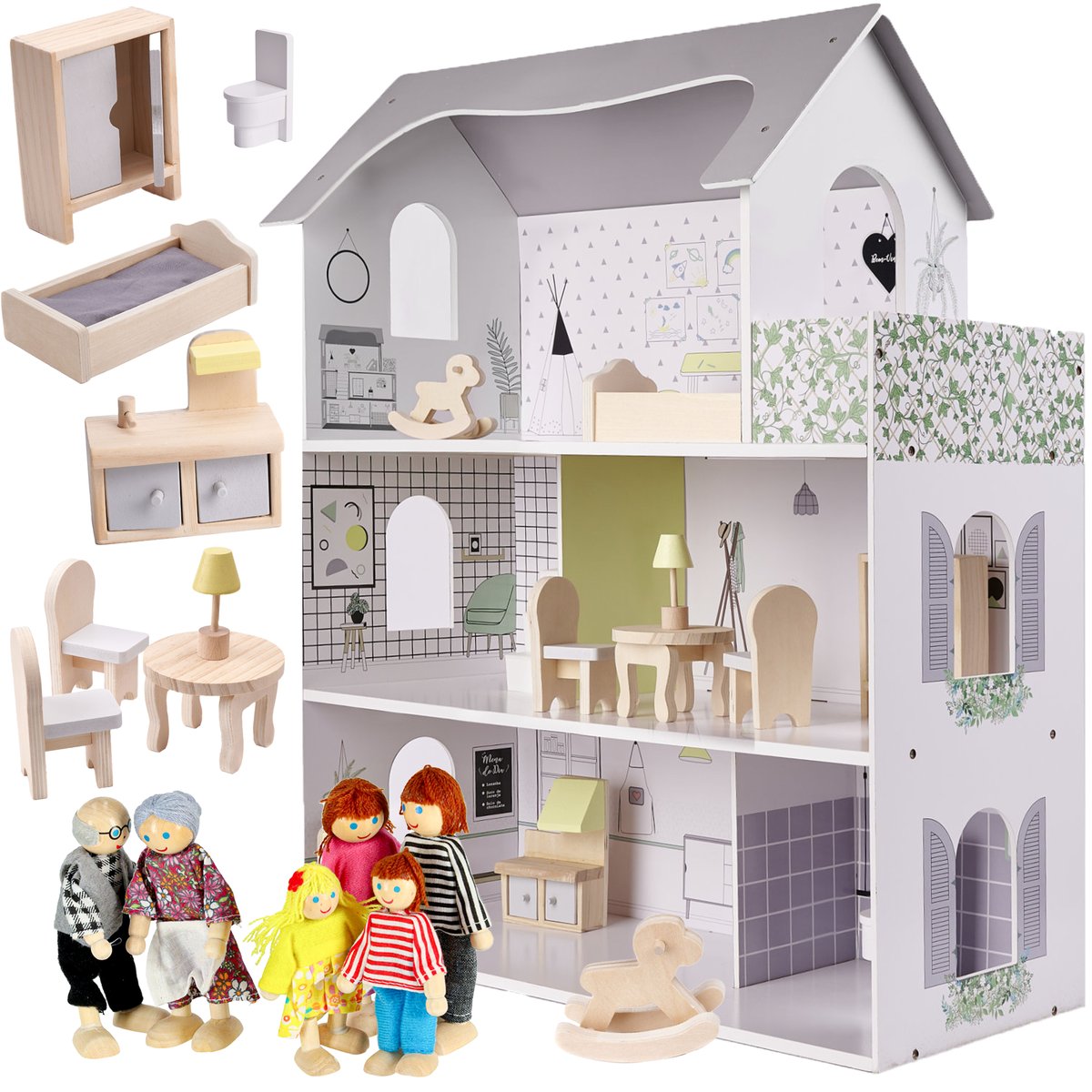 DOMEK DLA LALEK DREWNIANY WILLA + MEBELKI + LALKI LALECZKI 6 SZT. ZESTAW XL