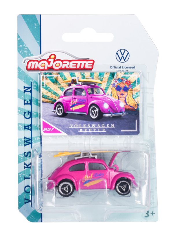 MAJORETTE VW VOLKSWAGEN BEETLE RÓŻOWY Z ŻÓŁTĄ DESKĄ 241A-7 1:59