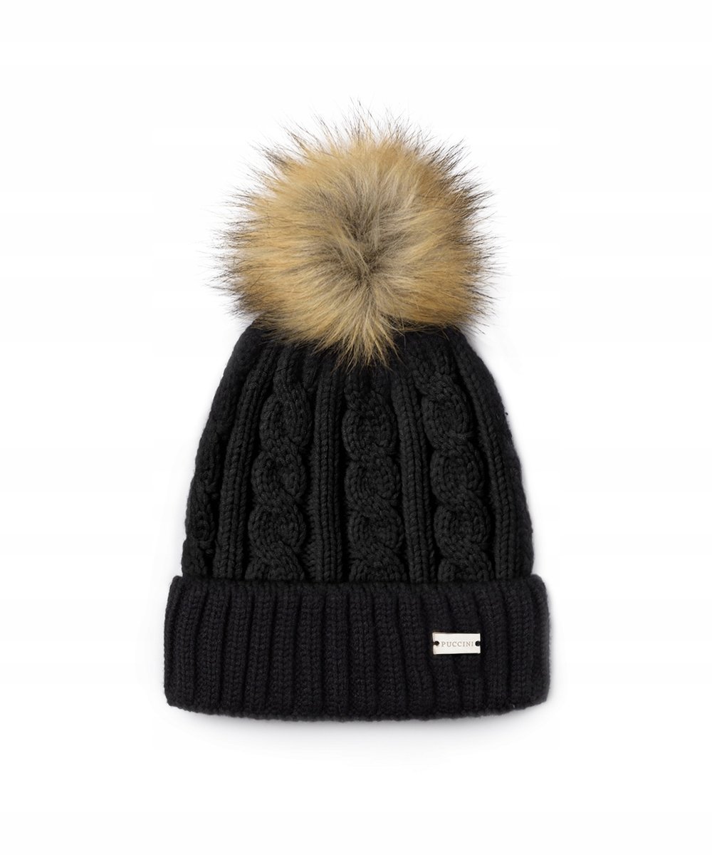 Czapka Zimowa Damska z Pomponem PUCCINI z Gęstym Splotem Czarna CZ2412-1