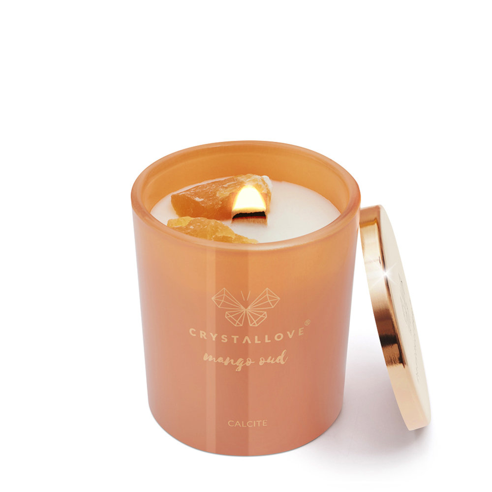 CRYSTALLOVE Świeca sojowa z kalcytem mango oud 400g - limited edition