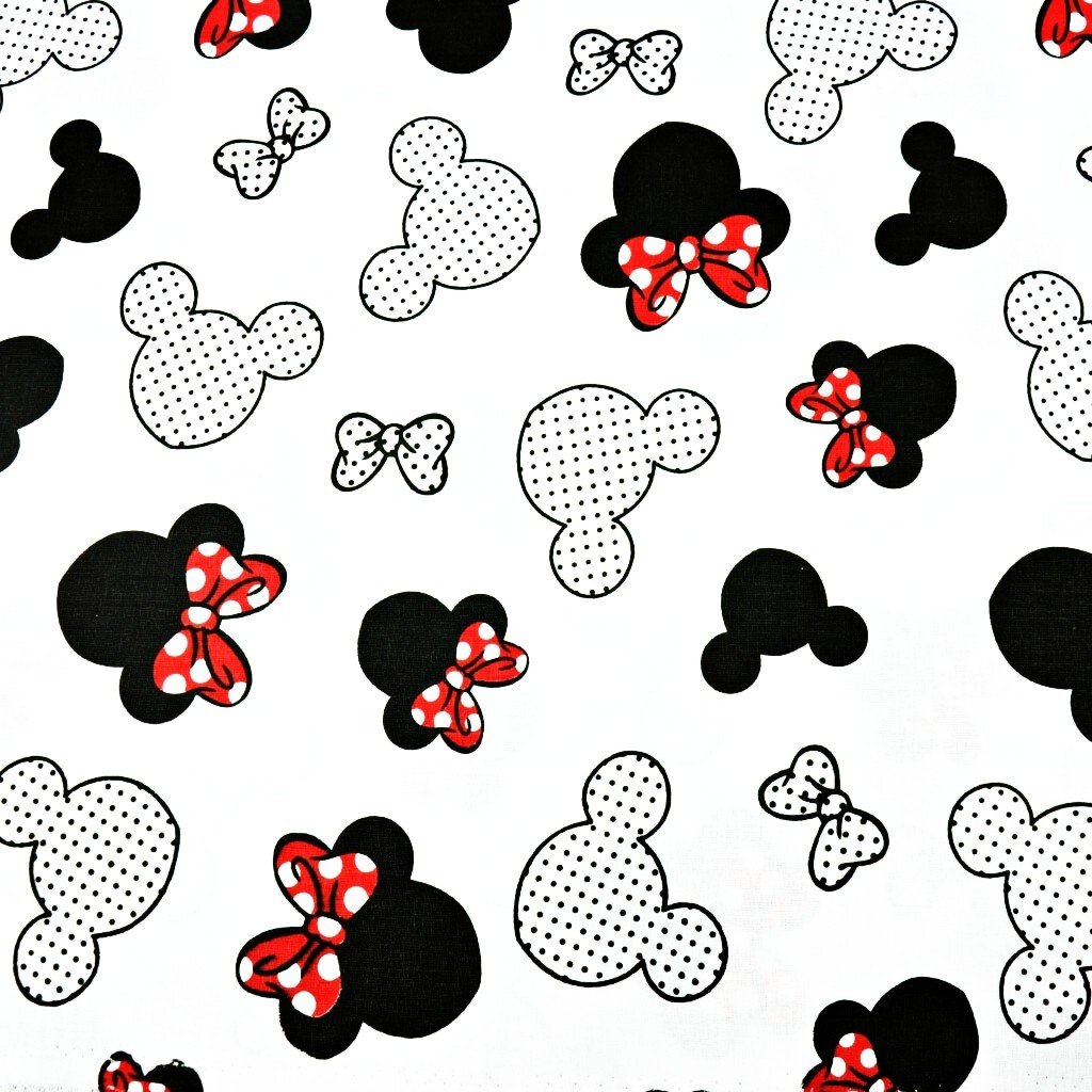 Tkanina bawełniana MIKI czarno czerwone z kokardką na białym tle