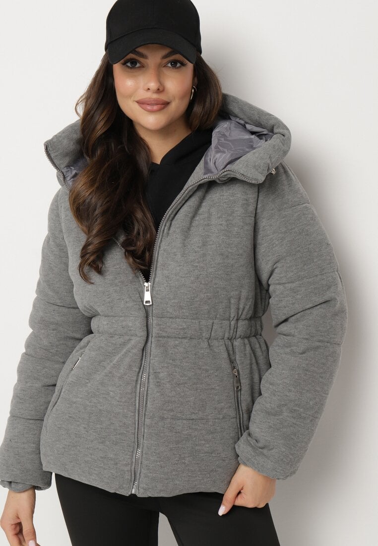 Szara Kurtka Pikowana z Kapturem ze Ściągaczami Torita