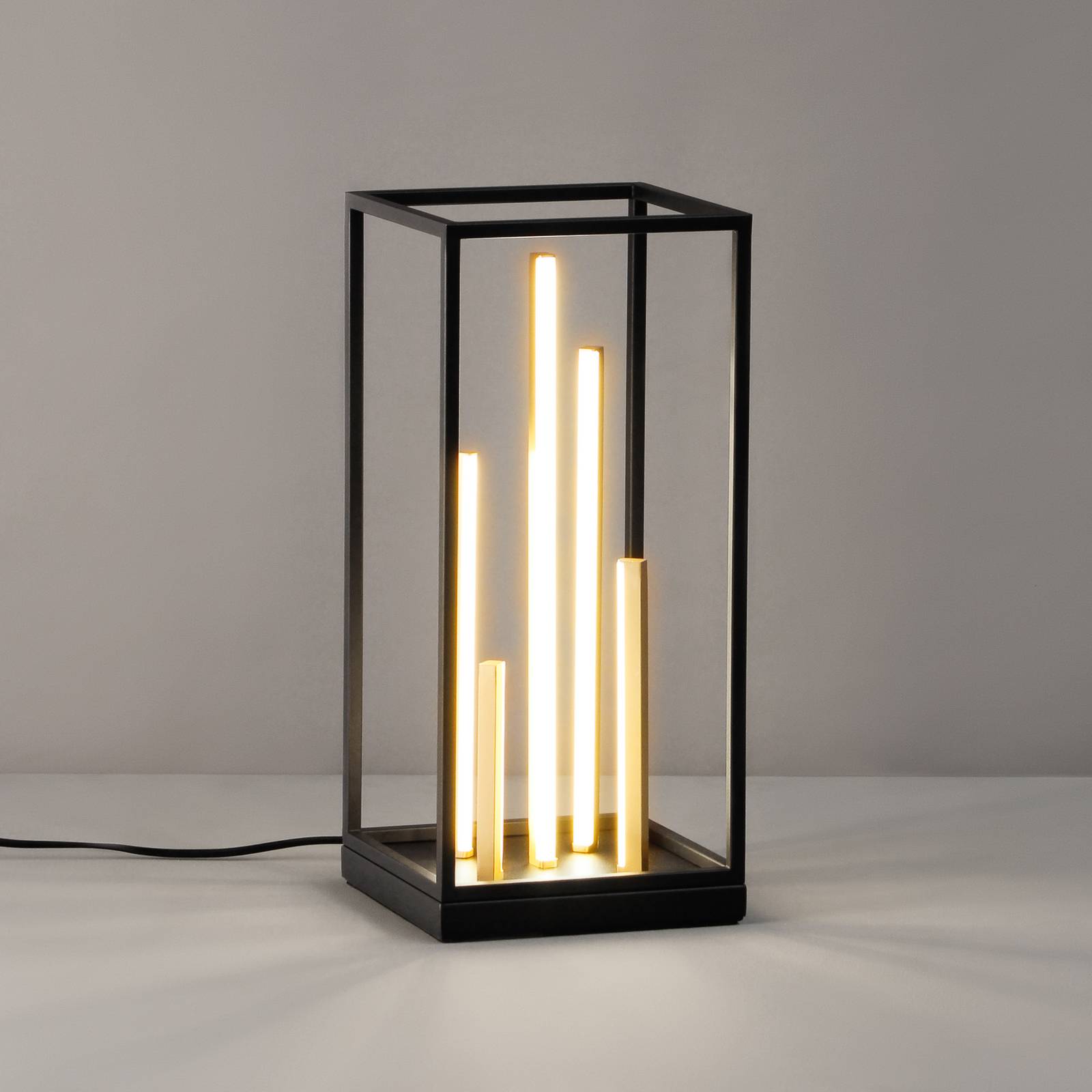 FISCHER & HONSEL Lampa stołowa LED Grid, czarny/złoty, metal, CCT, ściemniana