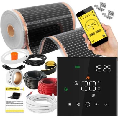 Folia grzewcza pod panele MISSION AIR MAL-160 W/m2 Black Silver 2 m2 (4 m x 50 cm) + regulator Leo Czarny WiFi