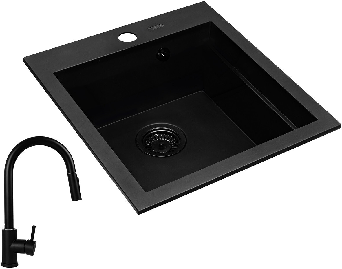 Zestaw granitowy Pyramis Zlewozmywak Siros 47x51,5 1B Black Edition + Bateria Idea