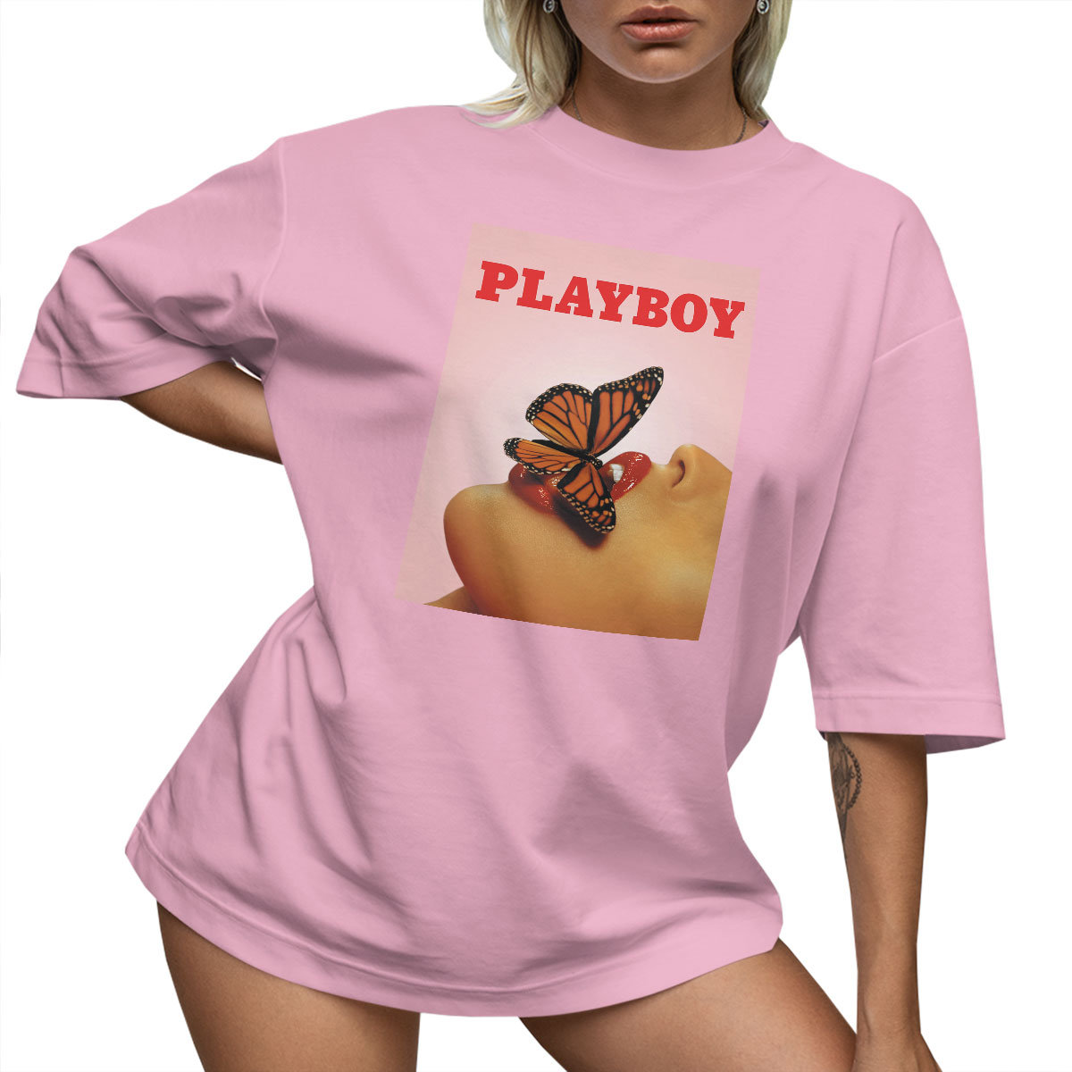 T-SHIRT OVERSIZE LU��NA KOSZULKA PLAYBOY MOTYL USTA NADRUK L SUKIENKA JAKO����