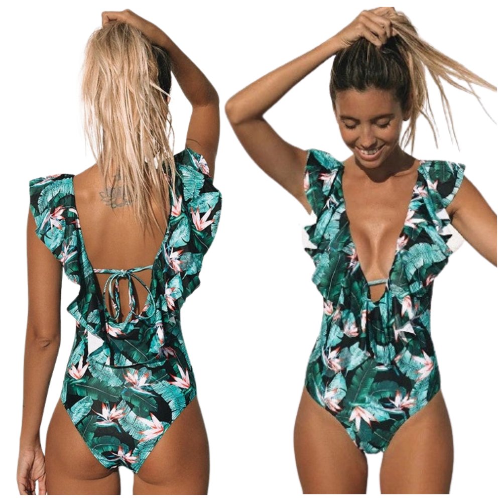 STRÓJ KĄPIELOWY JEDNOCZĘŚCIOWY MONOKINI FALBANKA PRINT W LIŚCIE WIĄZANY L