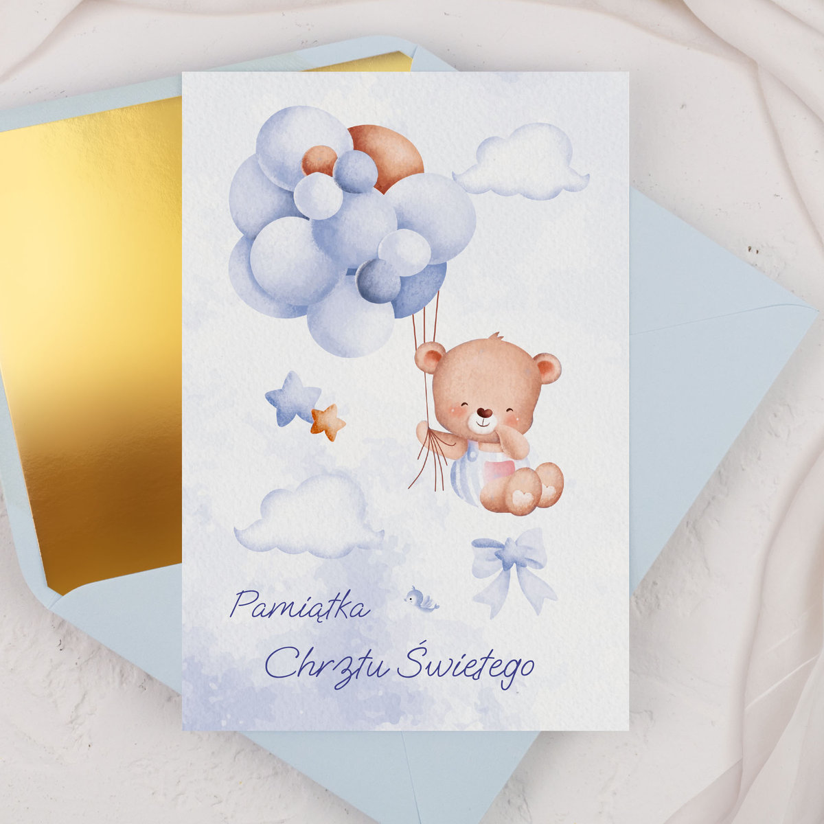 Kartka na Chrzest ��wi��ty z niebieskim misiem i balonami - Blue Teddy + koperta ozdobna