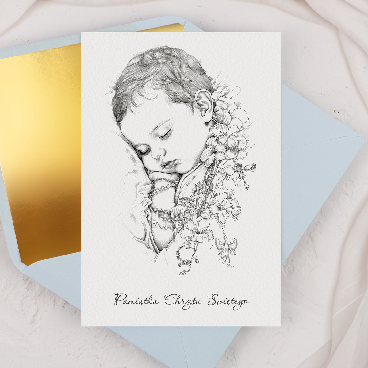 Kartka na Chrzest ��wi��ty ze szkicowanym dzieckiem - Drawing Baby + koperta ozdobna