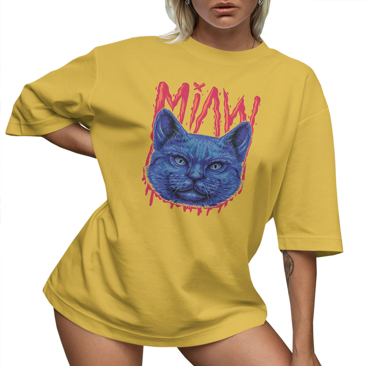 T-SHIRT OVERSIZE LU��NA KOSZULKA KOT MIAW NAPIS S SUKIENKA JAKO����