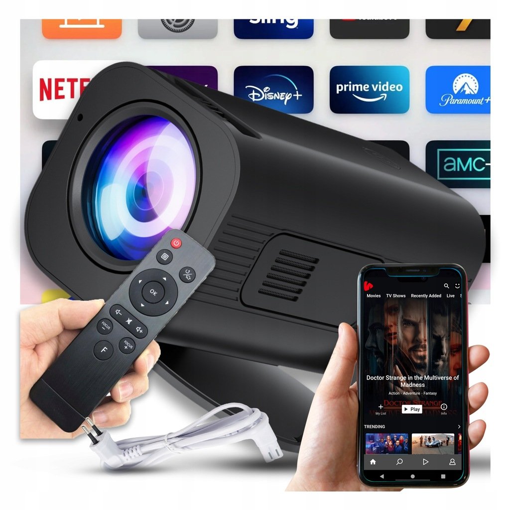 PROJEKTOR RZUTNIK ANDROID TV WIFI FULL HD PRZENOŚNY SMART GŁOŚNIK OBROTOWY