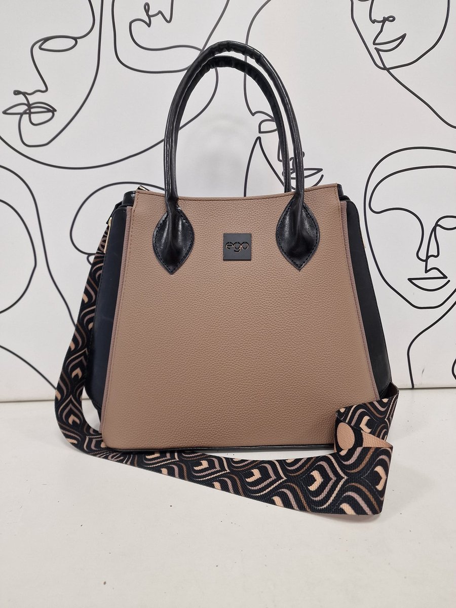 Czarna sztywna torebka shopperka z ozdobnymi zamkami taupe