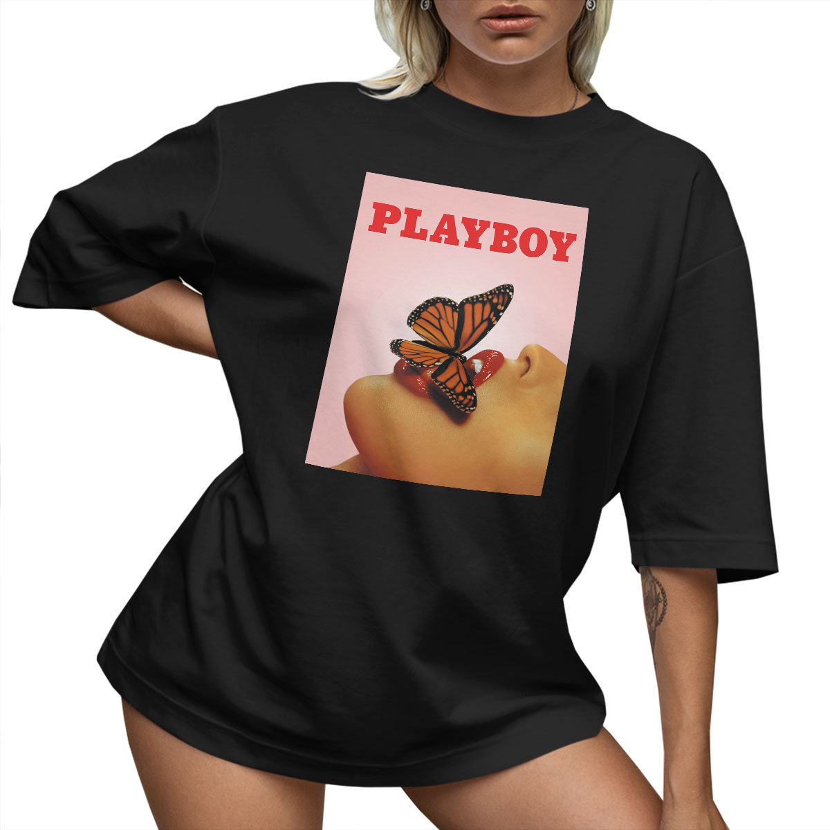 T-SHIRT OVERSIZE LU��NA KOSZULKA PLAYBOY MOTYL USTA NADRUK XL SUKIENKA