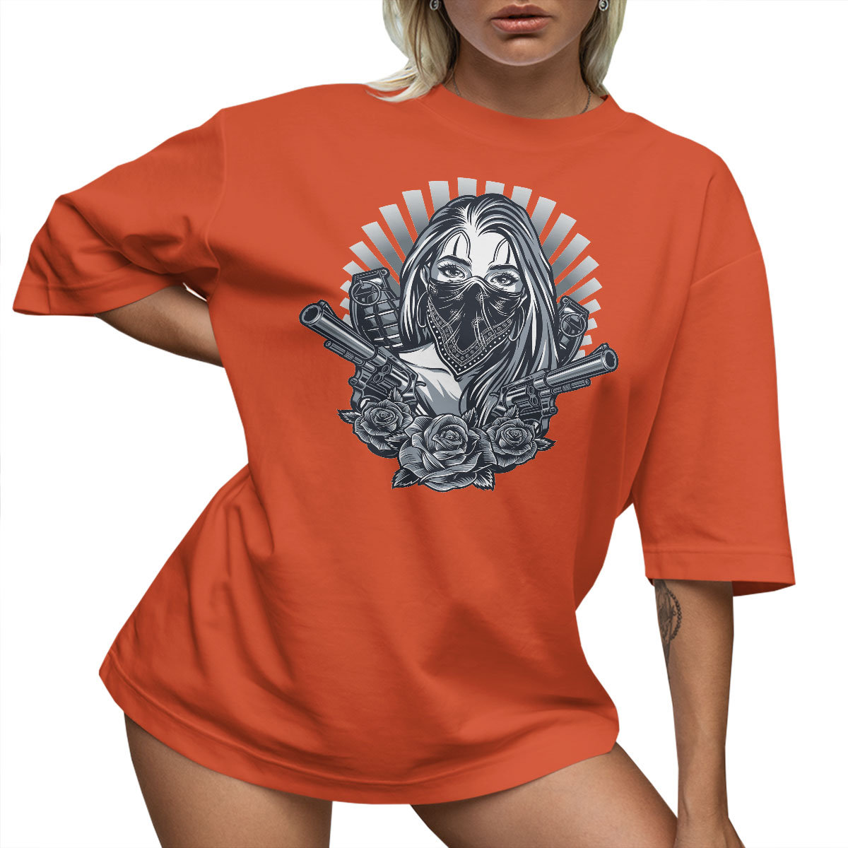 T-SHIRT OVERSIZE LU��NA KOSZULKA TATTOO R����E GUN L SUKIENKA JAKO����