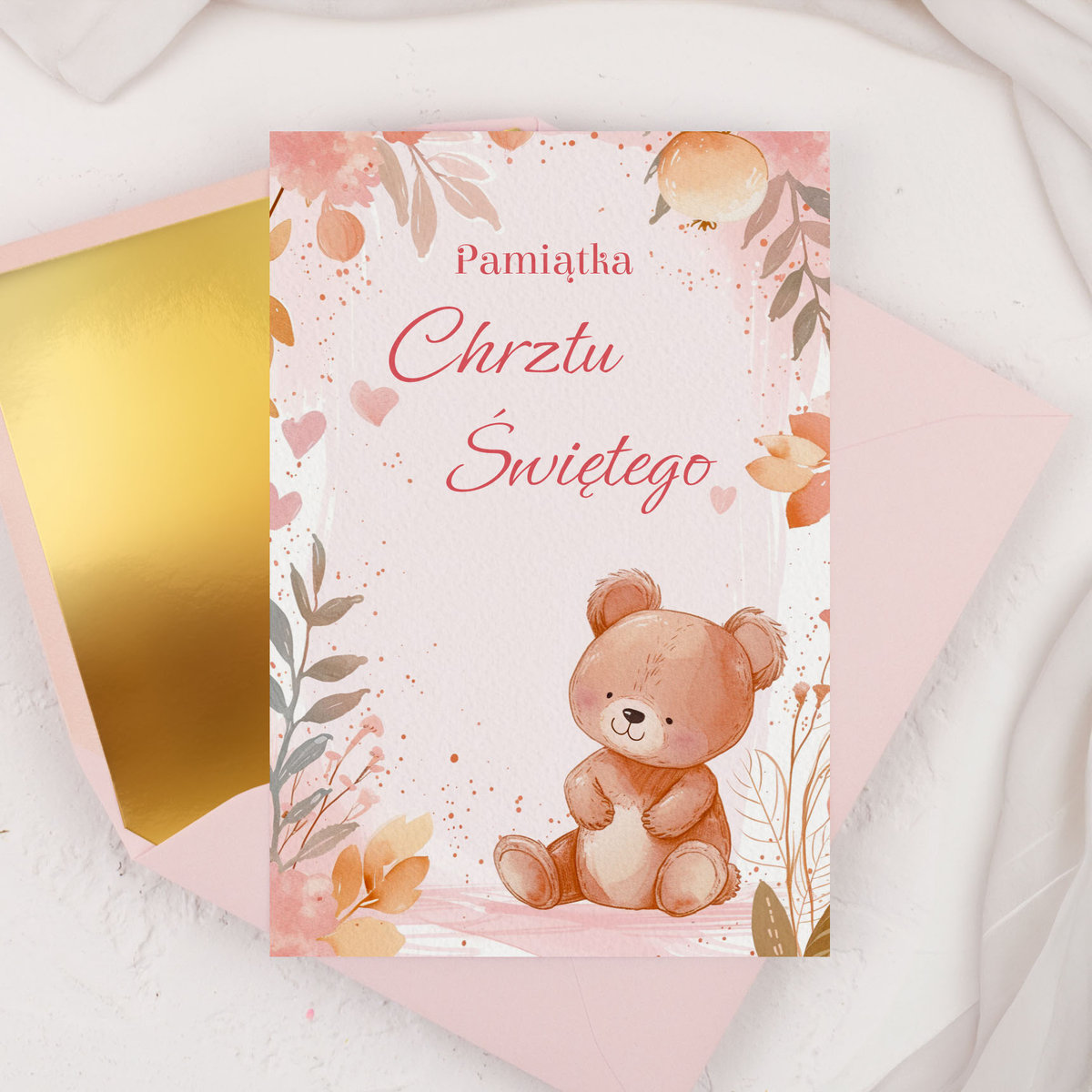 Kartka na Chrzest ��wi��ty dla dziewczynki z misiem - Teddy Bear + koperta ozdobna